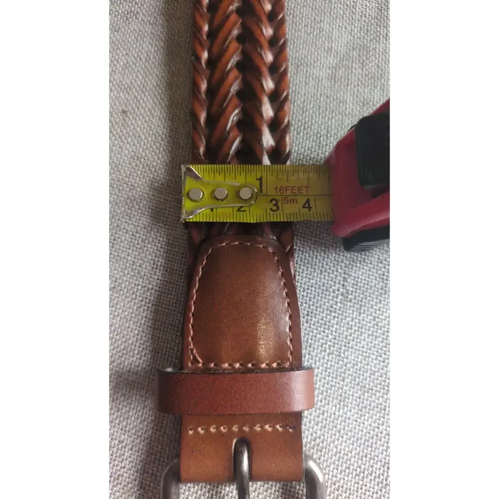 Vintage Brown Braided Men's Vegan Faux Leather Brown Belt 40, Silver Buckle
